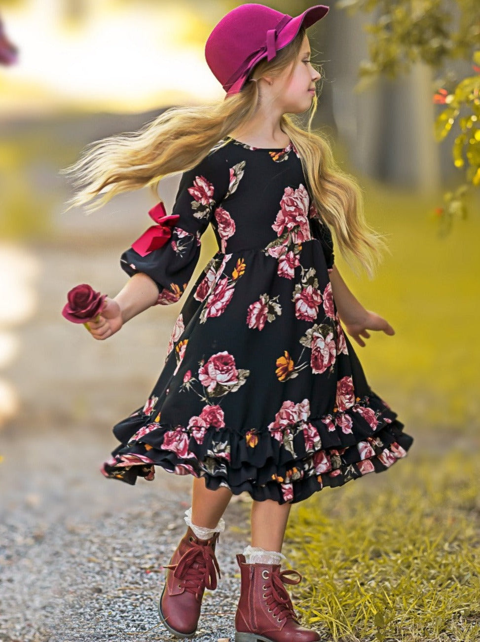 Little Girls Fall Boho Cloda Black Floral Midi Dress | Mia Belle Girls