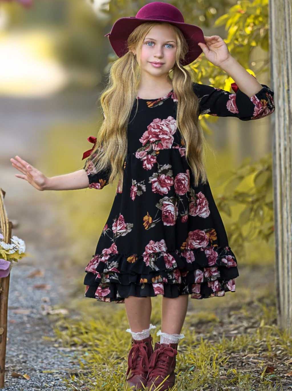 Little Girls Fall Boho Cloda Black Floral Midi Dress | Mia Belle Girls