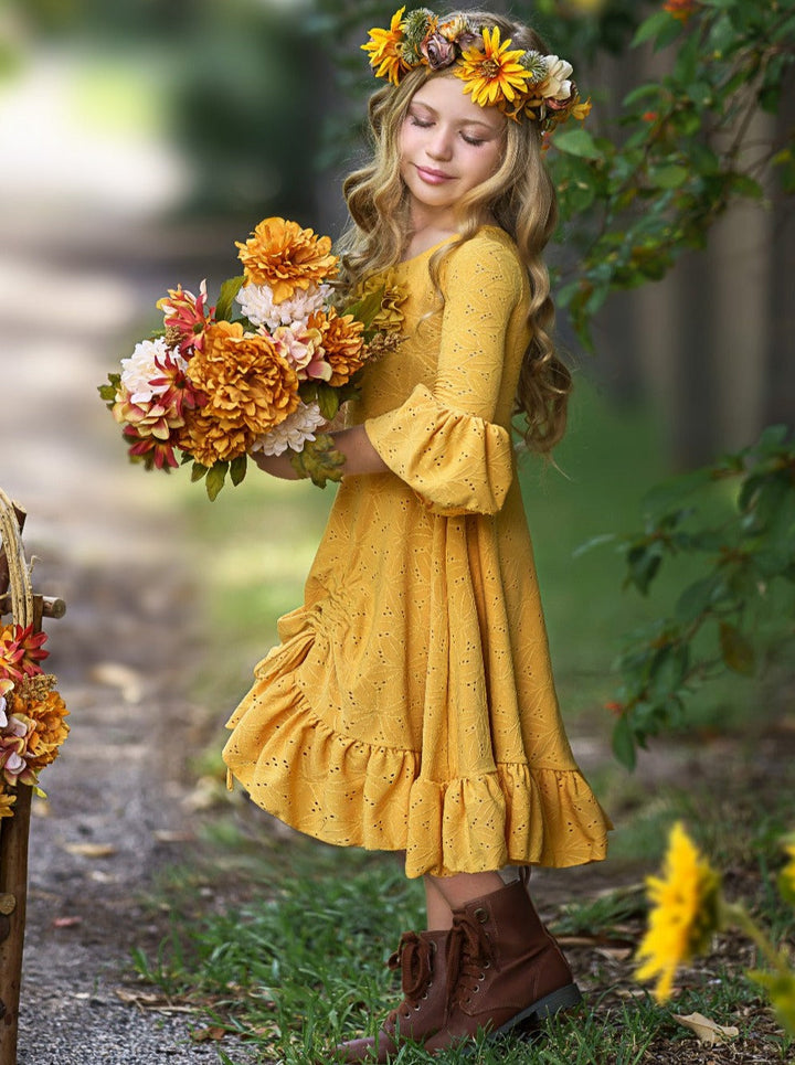 Little girls fall long-sleeve hi-lo eyelet-lace Ella-style drawstring dress with floral applique and ruffle cuffs - Mia Belle Girls