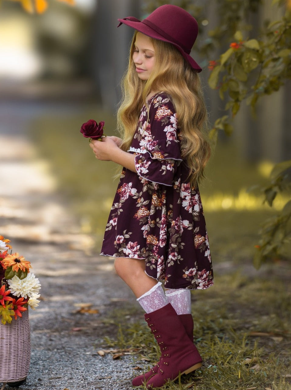 Little girls fall preppy 3/4 sleeve hi-lo Dovie-style dress with floral print pattern, double-ruffle tiered cuffs, and white crochet waistband - Mia Belle Girls