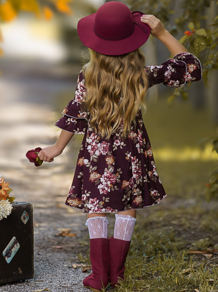 Little girls fall preppy 3/4 sleeve hi-lo Dovie-style dress with floral print pattern, double-ruffle tiered cuffs, and white crochet waistband - Mia Belle Girls