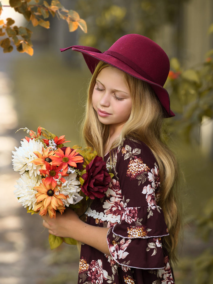 Little girls fall preppy 3/4 sleeve hi-lo Dovie-style dress with floral print pattern, double-ruffle tiered cuffs, and white crochet waistband - Mia Belle Girls