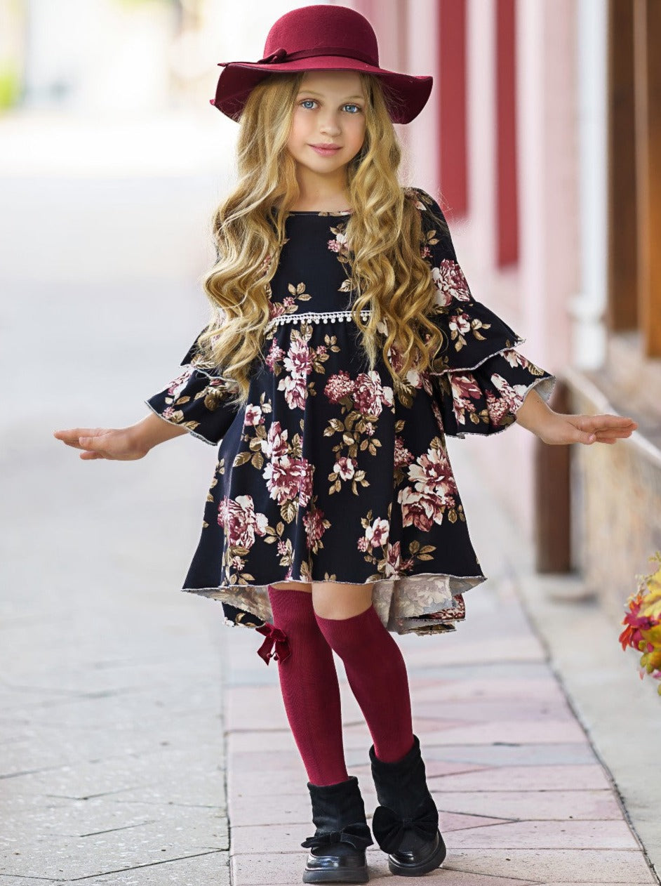 Little girls fall boho 3/4 sleeve hi-lo Dovie-style dress with floral print pattern, double-ruffle tiered cuffs, and white crochet waistband - Mia Belle Girls