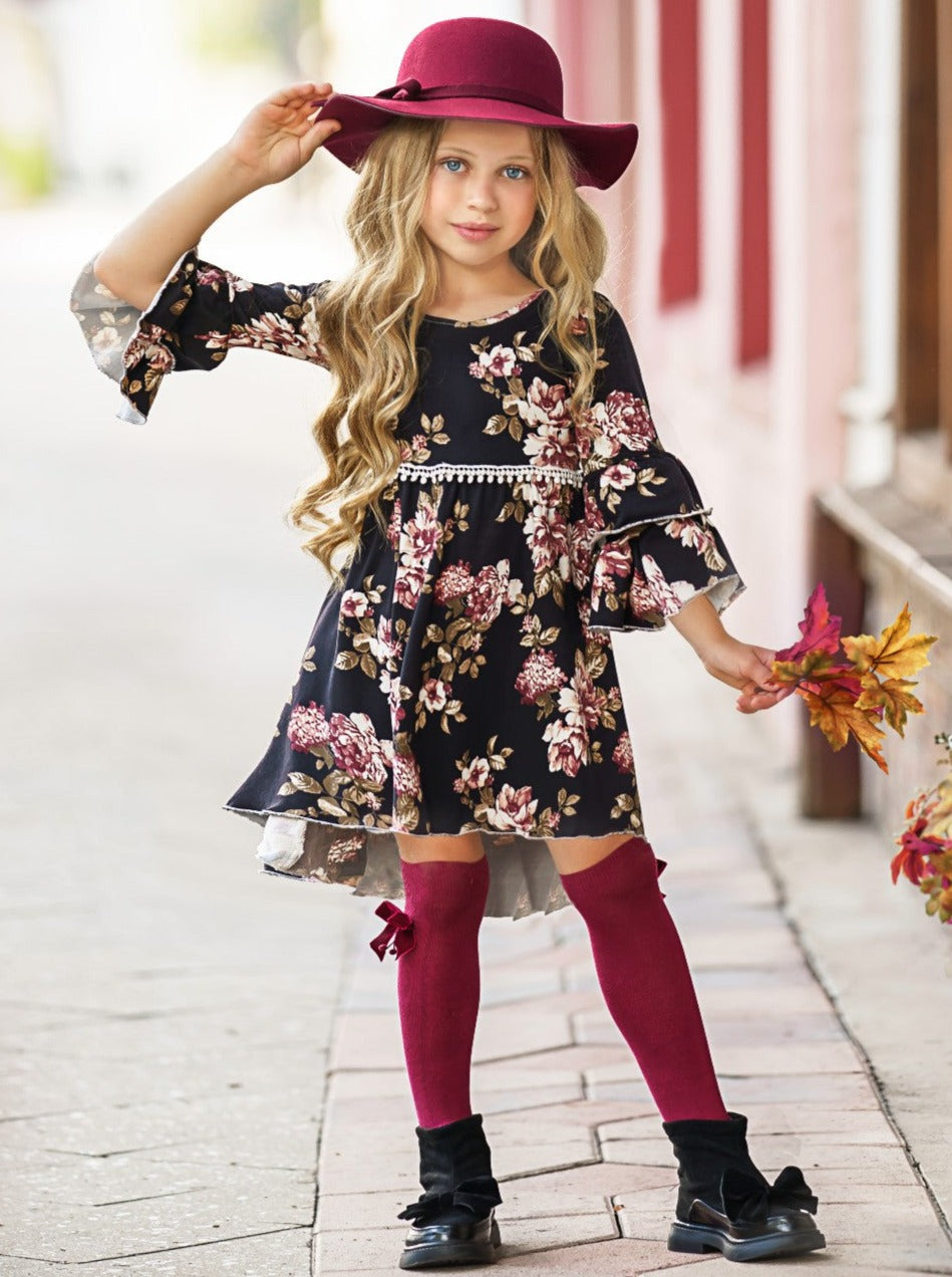 Little girls fall boho 3/4 sleeve hi-lo Dovie-style dress with floral print pattern, double-ruffle tiered cuffs, and white crochet waistband - Mia Belle Girls