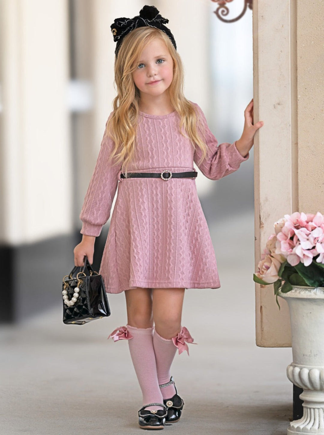 Pretty in Pink Cable Knit Belted Sweater Dress