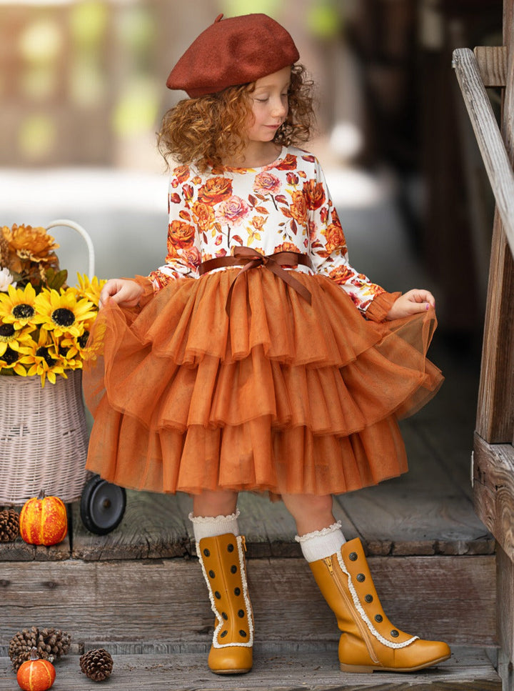 Herbstliches Tutu-Kleid mit Blumenmuster und Rüschen