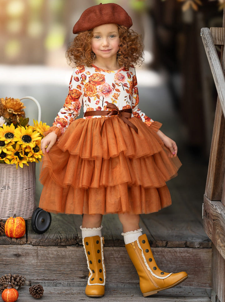 Herbstliches Tutu-Kleid mit Blumenmuster und Rüschen