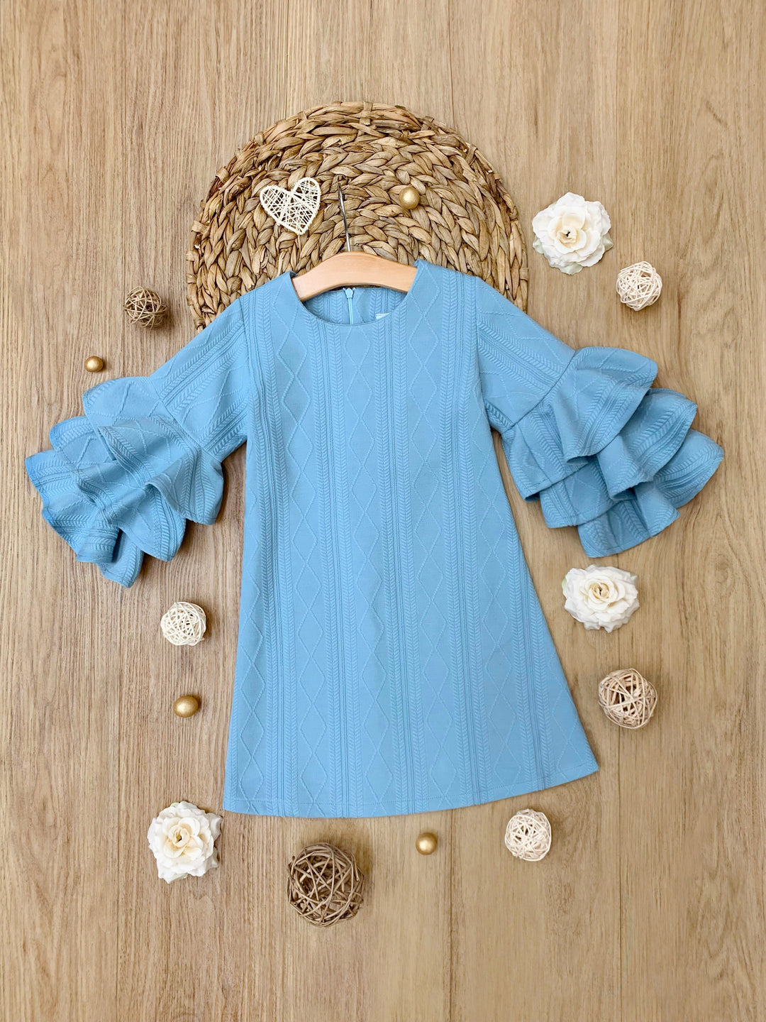 Charming Blue Ruffle Sleeve Cable Knit Sweater Dress