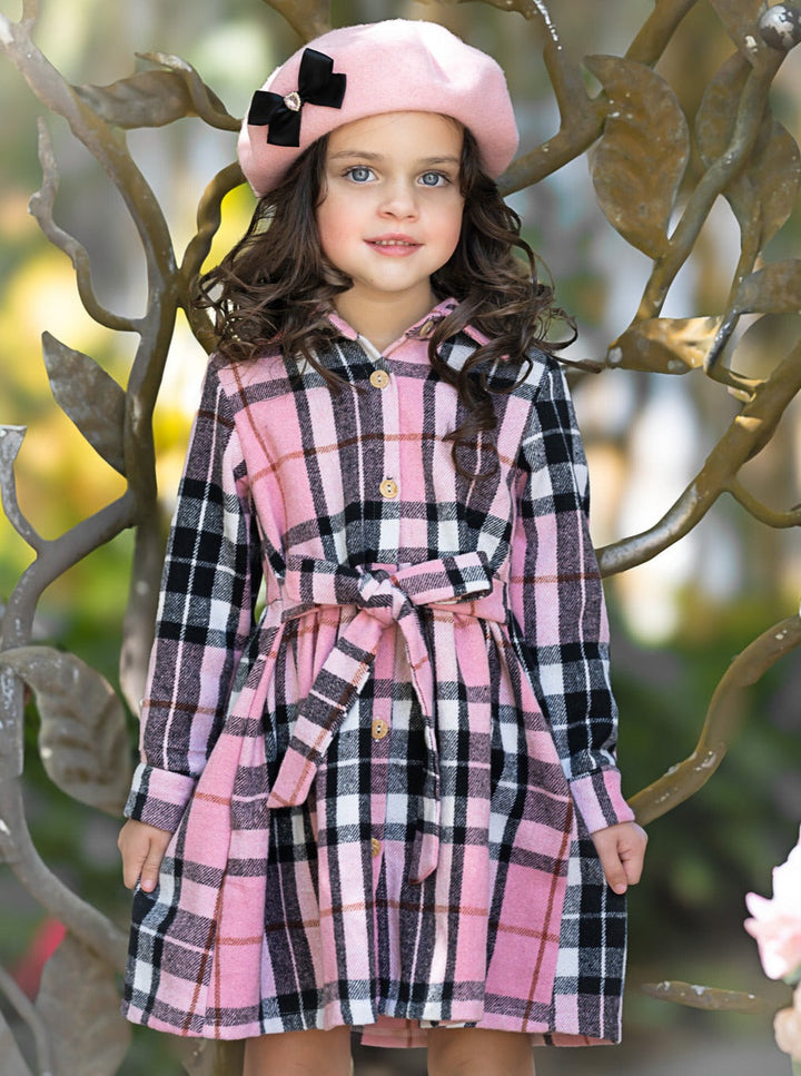 Pink Plaid Long Sleeve Shirt Dress