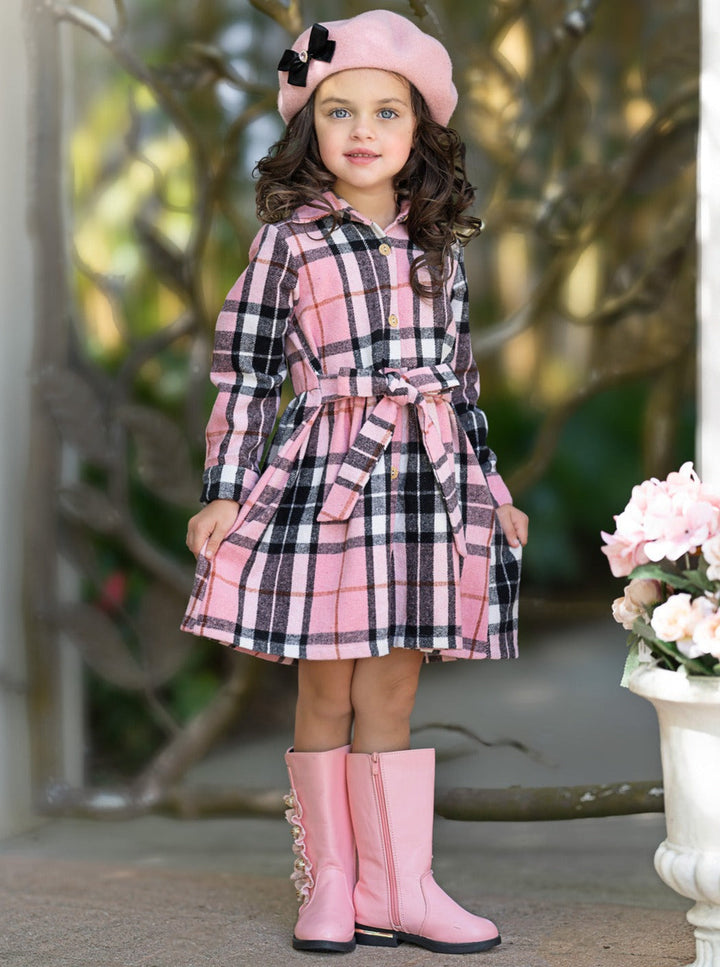 Pink Plaid Long Sleeve Shirt Dress