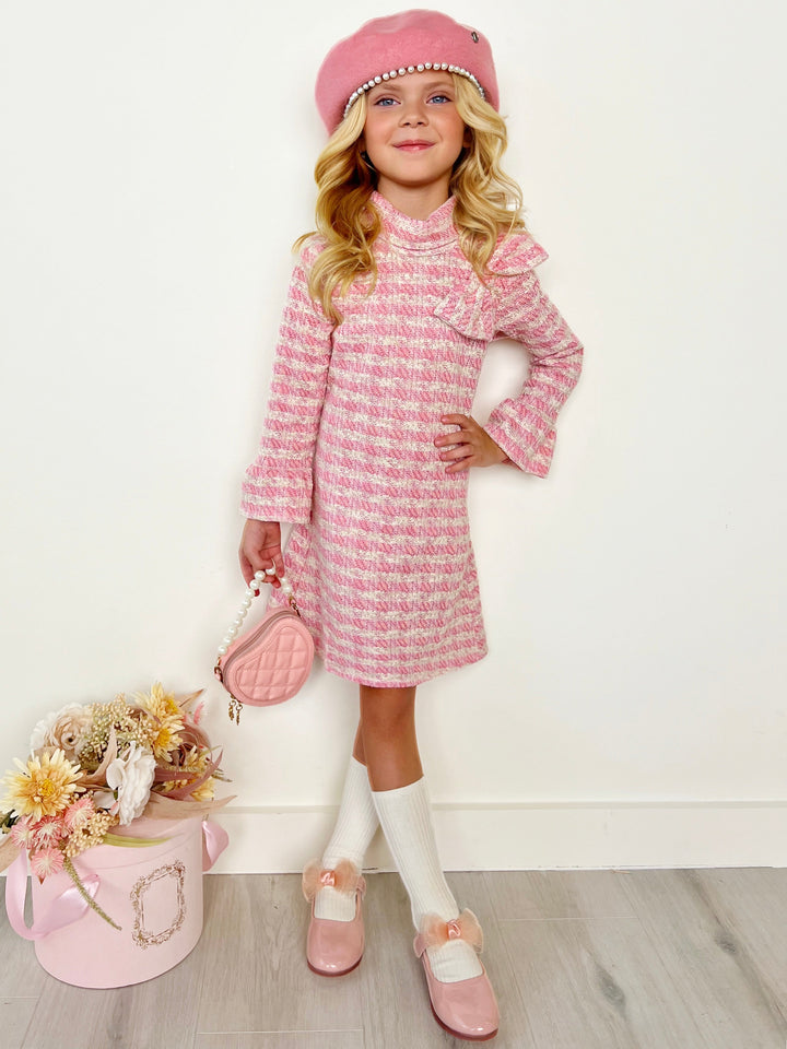 Charming Checked Tweed Pink with Accent Bow Dress