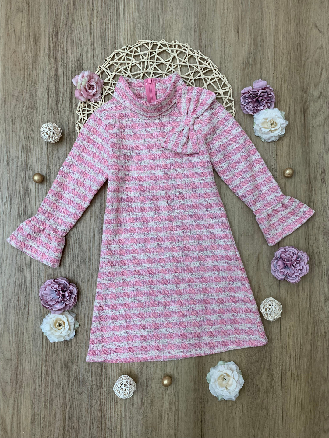 Charming Checked Tweed Pink with Accent Bow Dress