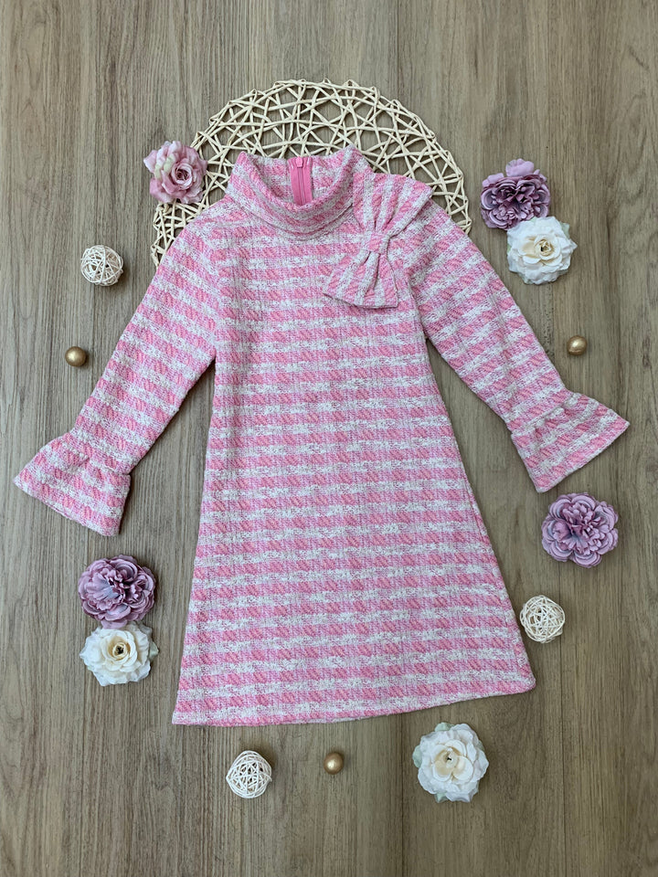 Charming Checked Tweed Pink with Accent Bow Dress