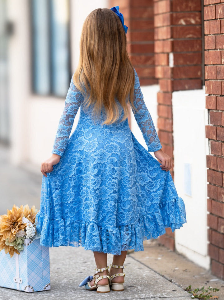 Blaues Hi-Lo-Spitzenrüschenkleid mit Kordelzug