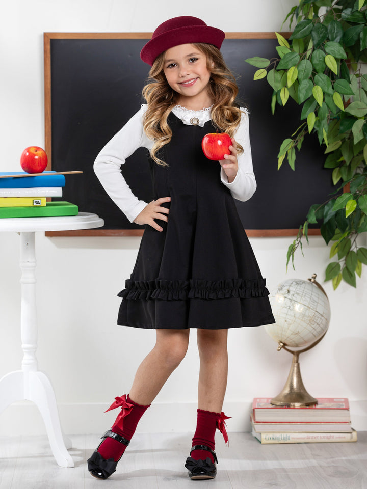 Schwarzes, klassisch elegantes Pulloverkleid mit Rüschen von Kids Couture