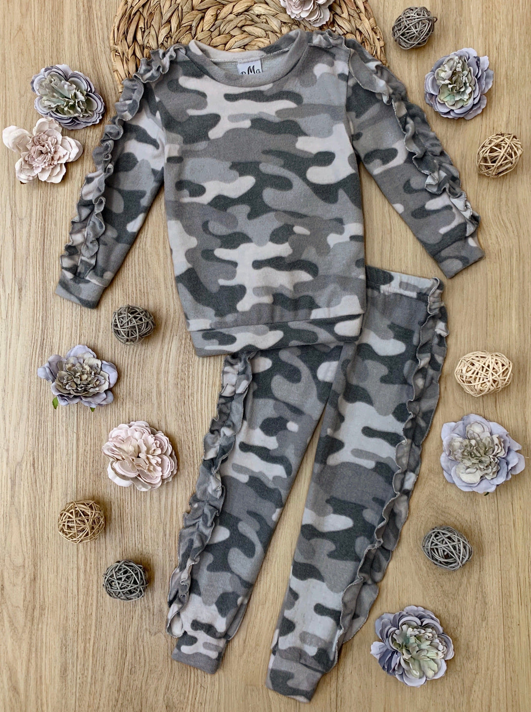 In Command Grey Camo Ruffle Jogger Set - Mia Belle Girls