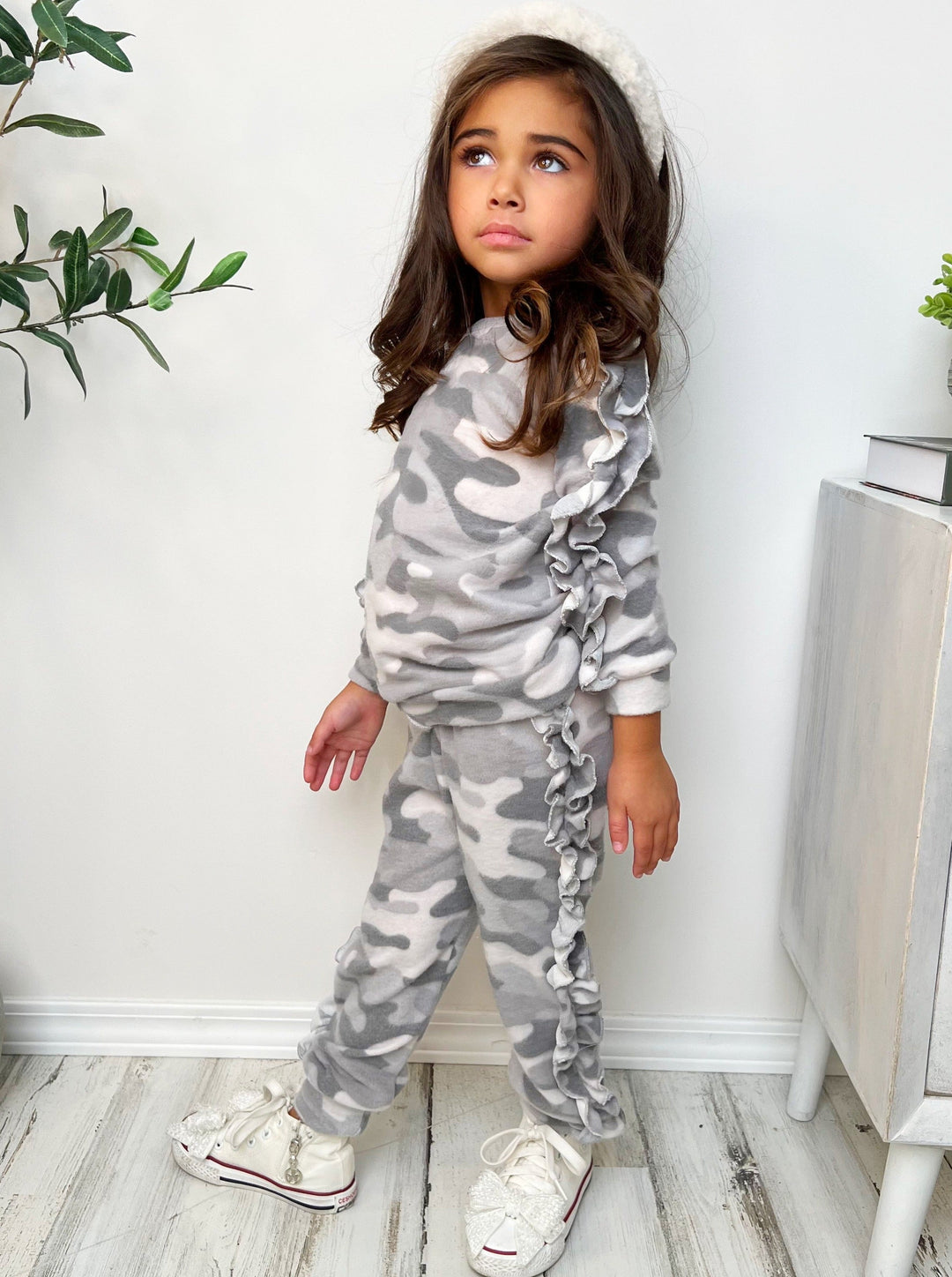 In Command Grey Camo Ruffle Jogger Set - Mia Belle Girls