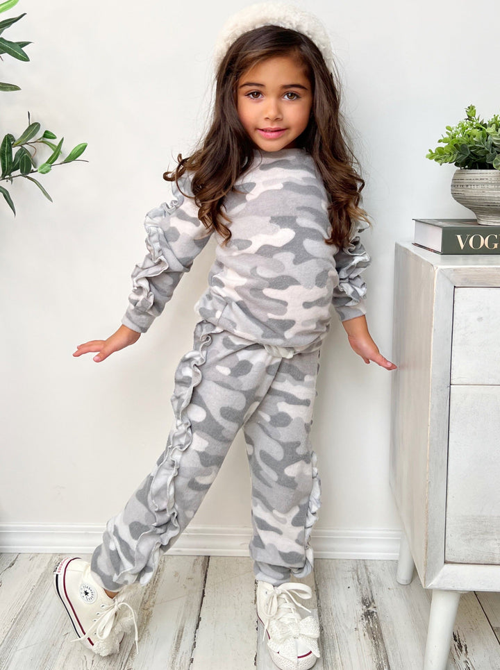 In Command Grey Camo Ruffle Jogger Set - Mia Belle Girls