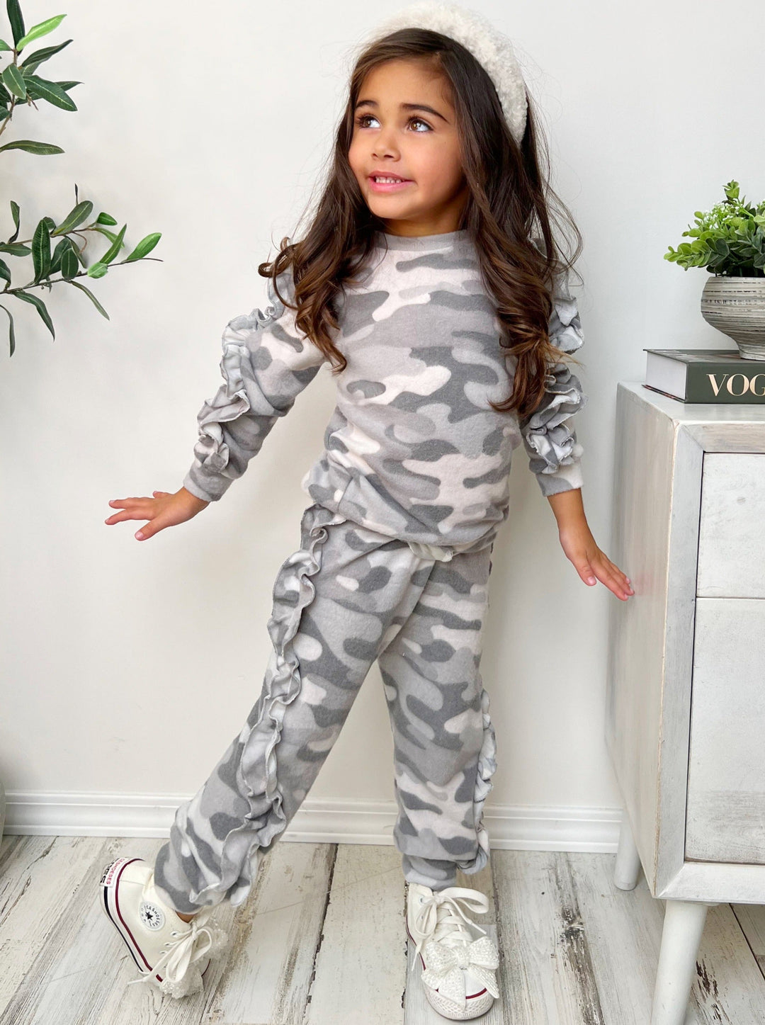 In Command Grey Camo Ruffle Jogger Set - Mia Belle Girls