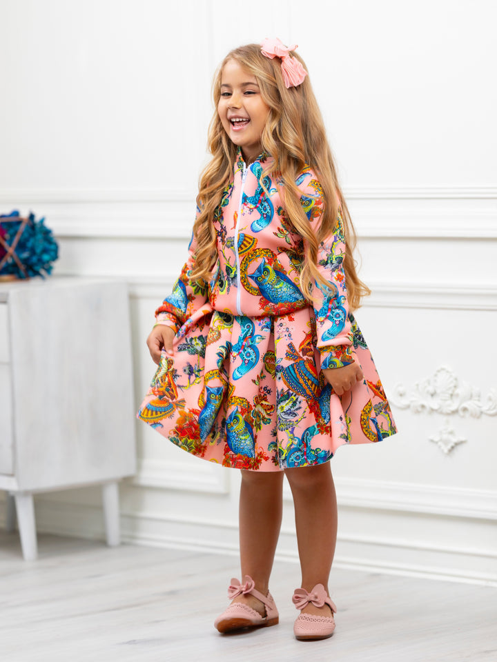 Botanical Owl Coral Neoprene Bomber Jacket by Kids Couture