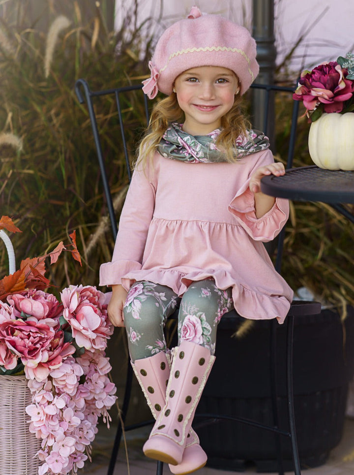 Cute Everyday Fall Outfits | Girls Floral Tunic, Scarf & Legging Set