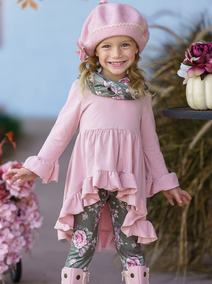 Cute Everyday Fall Outfits | Girls Floral Tunic, Scarf & Legging Set