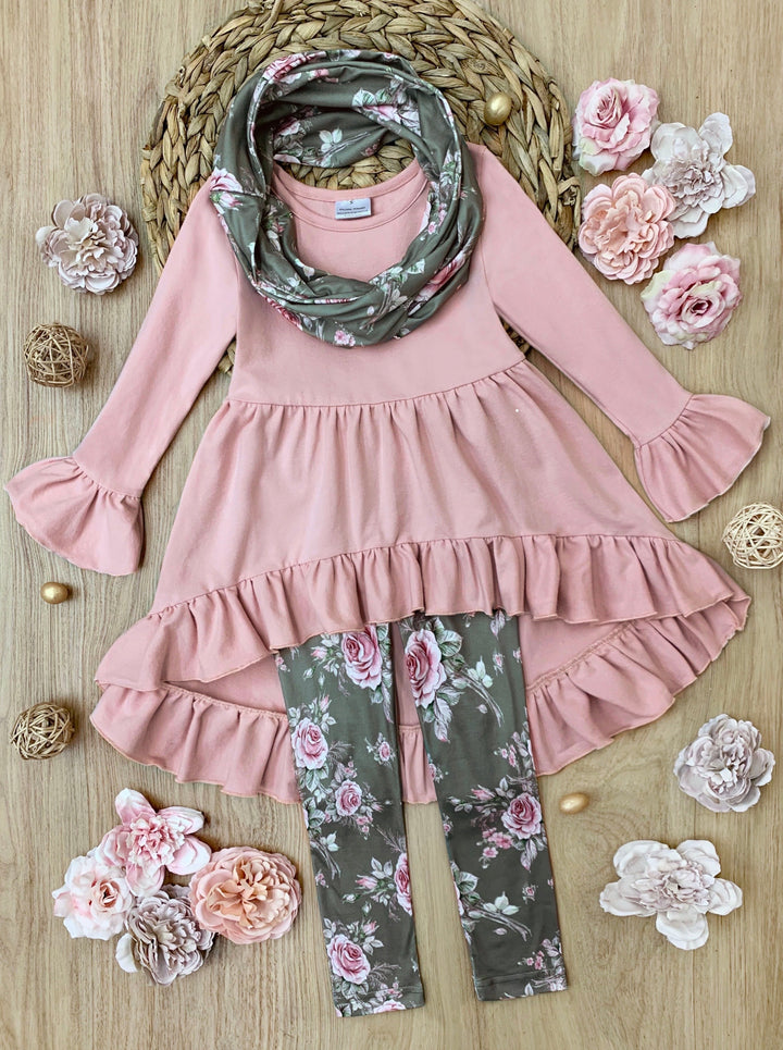 Cute Everyday Fall Outfits | Girls Floral Tunic, Scarf & Legging Set