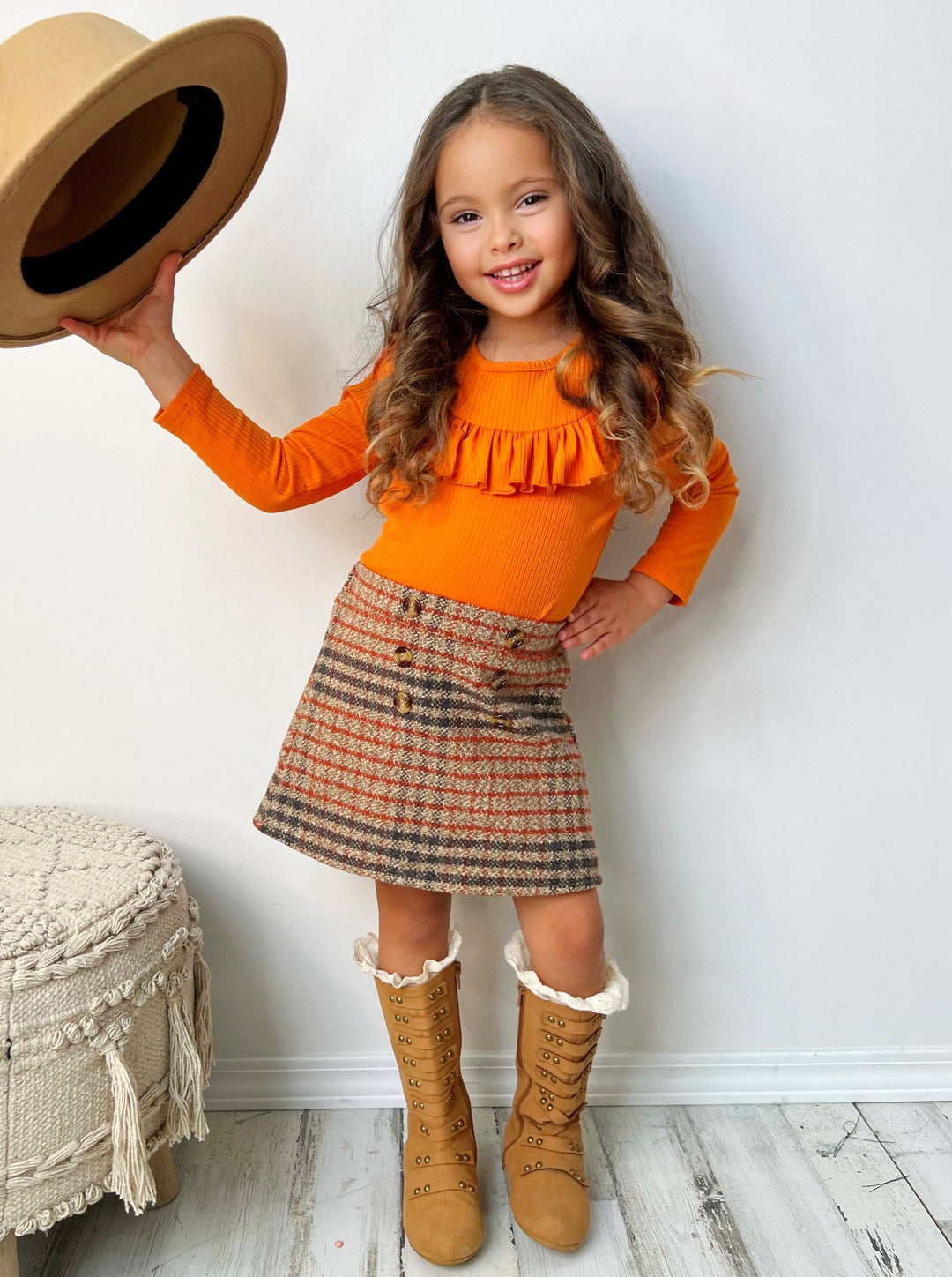 Pumpkin Top & Plaid Skirt Set - Mia Belle Girls