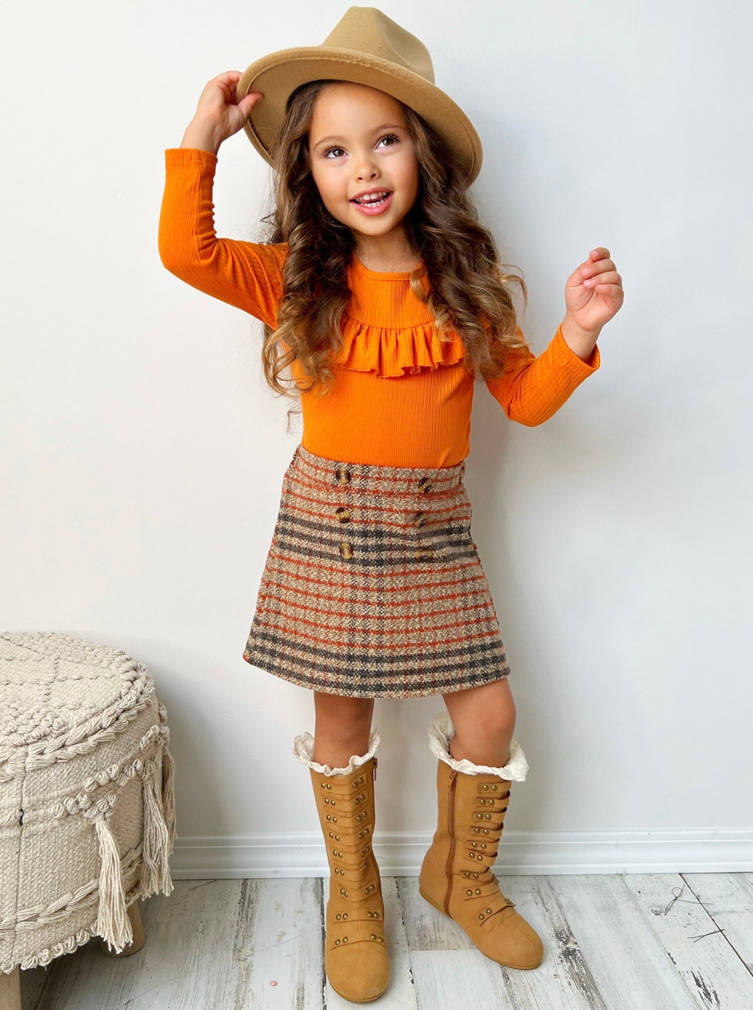 Pumpkin Top & Plaid Skirt Set - Mia Belle Girls