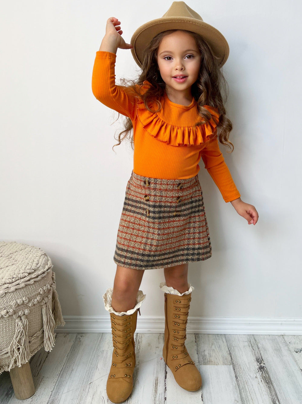 Pumpkin Top & Plaid Skirt Set - Mia Belle Girls