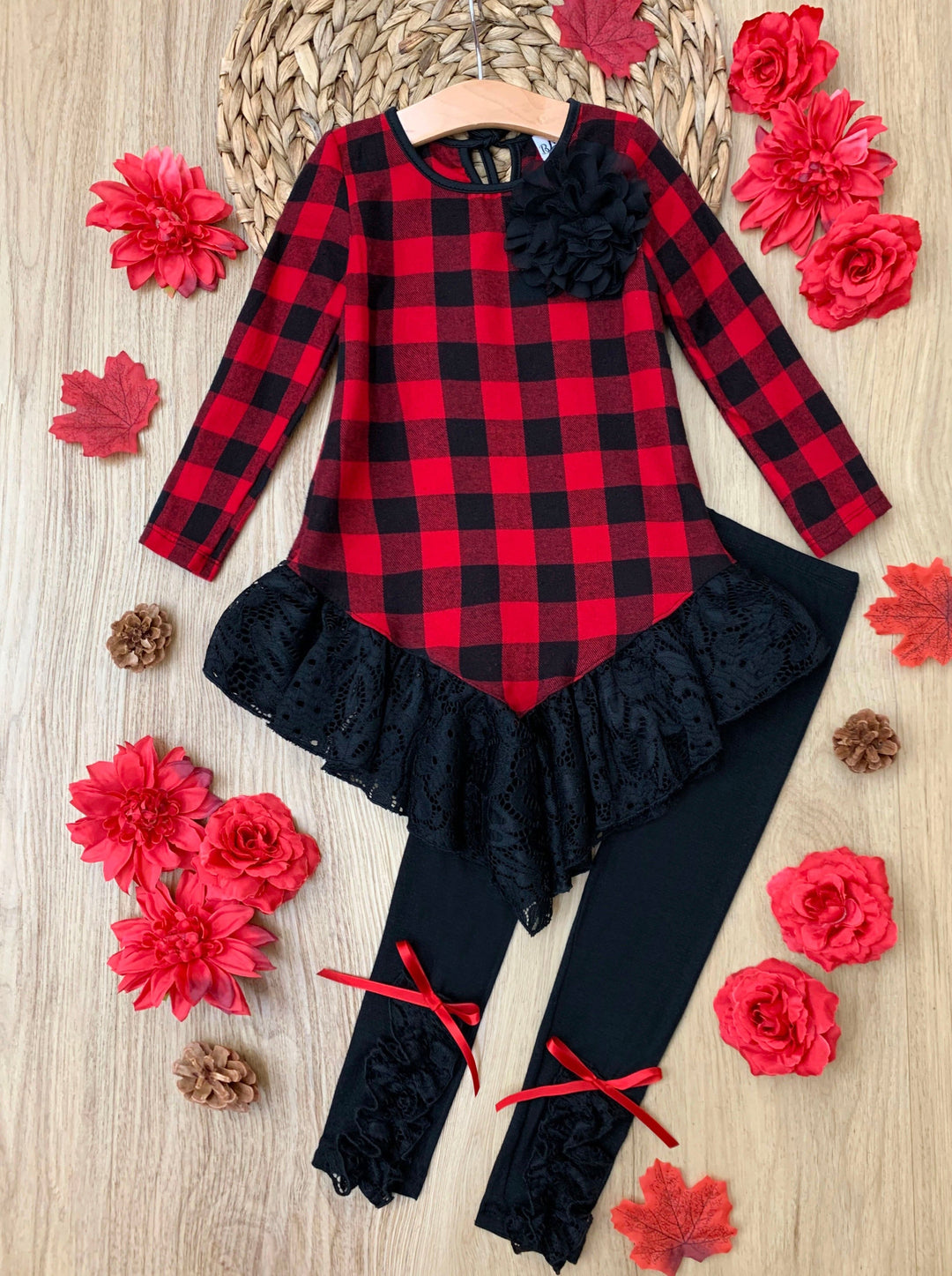 Aviane Buffalo Plaid Lace Trim Tunic Legging Set - Mia Belle Girls