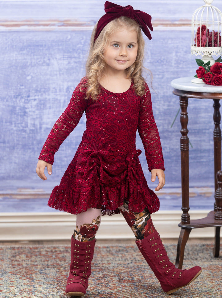 Sequin Lace Drawstring Tunic & Floral Legging Set - Mia Belle Girls