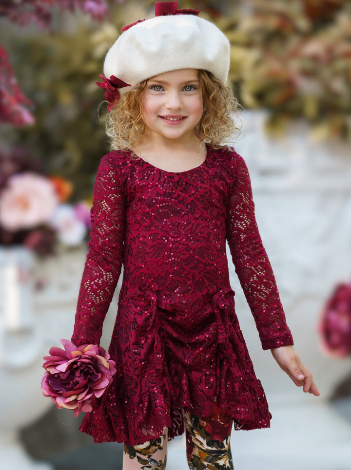 Sequin Lace Drawstring Tunic & Floral Legging Set - Mia Belle Girls