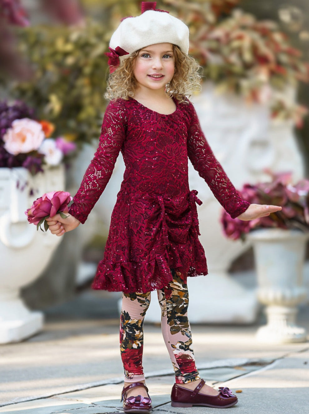 Sequin Lace Drawstring Tunic & Floral Legging Set - Mia Belle Girls