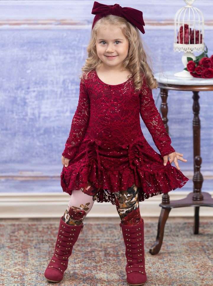 Sequin Lace Drawstring Tunic & Floral Legging Set - Mia Belle Girls