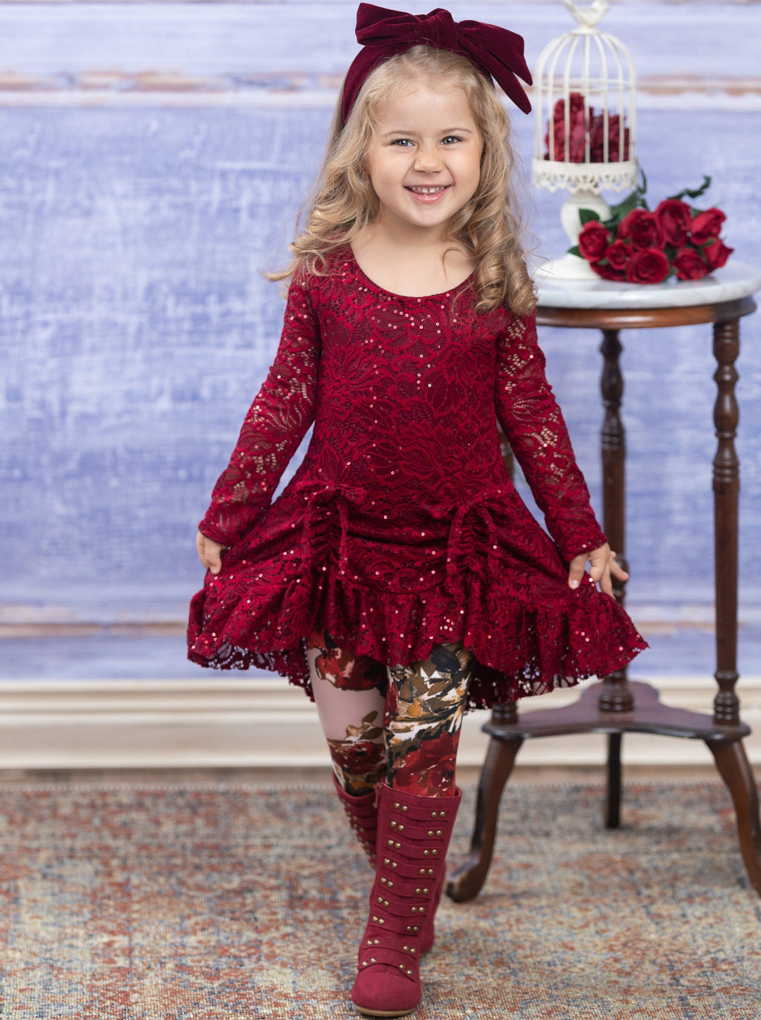 Sequin Lace Drawstring Tunic & Floral Legging Set - Mia Belle Girls