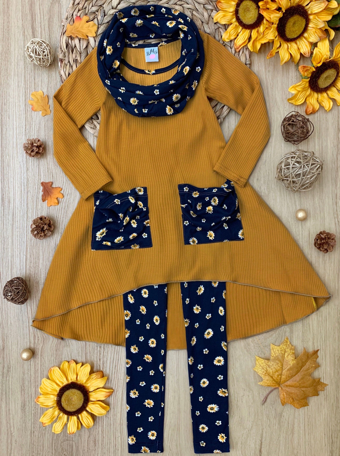 Cute Fall Kids Clothes | Girls Dual Pocket Tunic Scarf & Legging Set