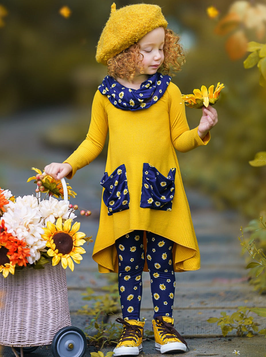 Cute Fall Kids Clothes | Girls Dual Pocket Tunic Scarf & Legging Set