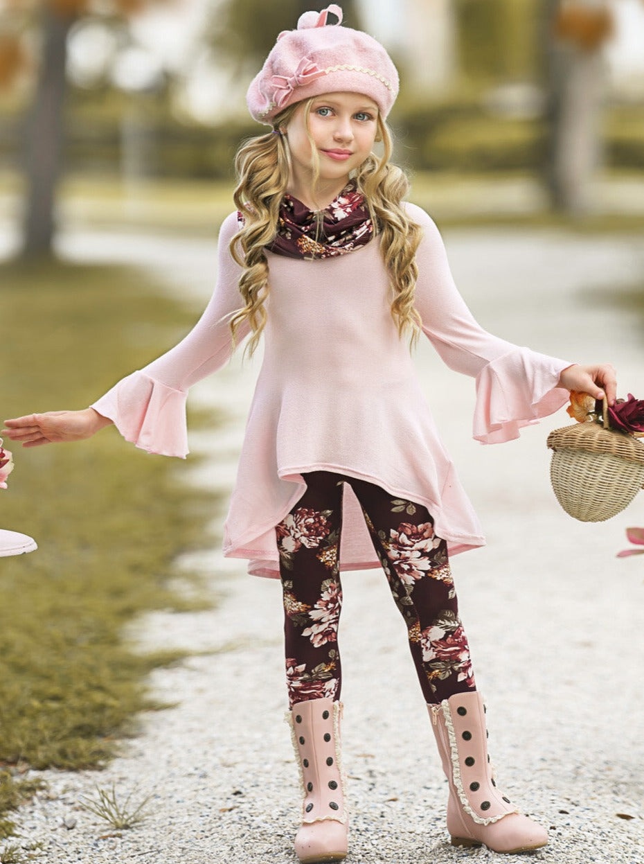 Abigail Pink Tunic, Floral Scarf And Legging Set – Mia Belle Girls