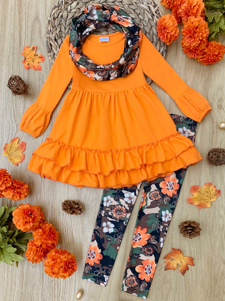 Little Girls Fall Outfits | Cute Floral Camo Tunic Scarf & Legging Set