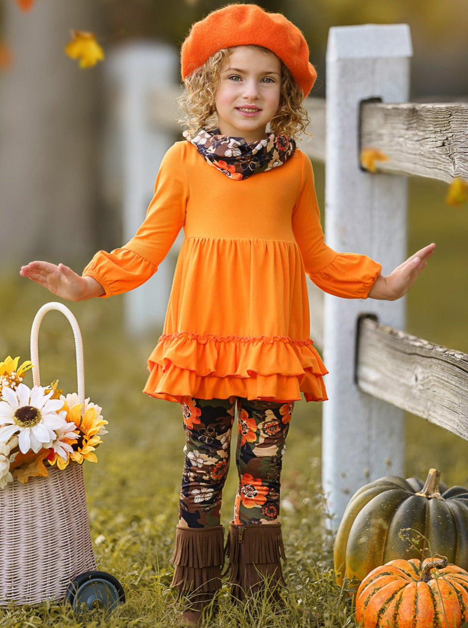 Little Girls Fall Outfits | Cute Floral Camo Tunic Scarf & Legging Set