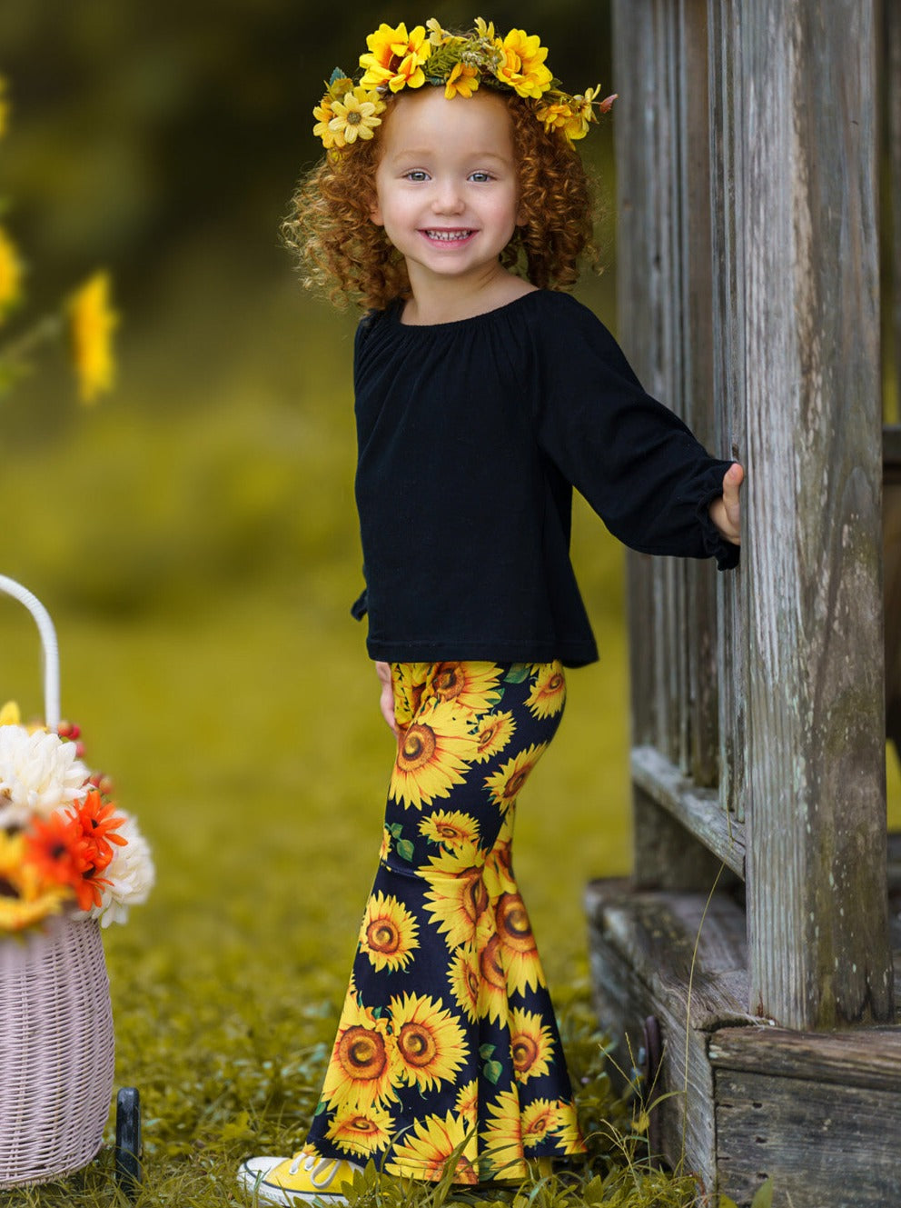 Little Girls Fall Outfits | Sunflower Bell Bottom Set | Girls Boutique