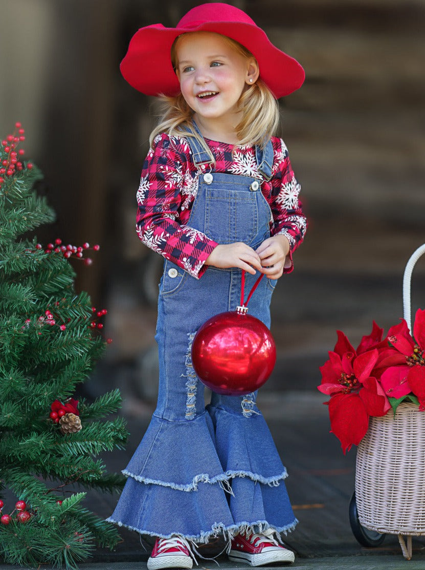 Cute Winter Denim Sets | Snowflake Plaid Flared Denim Overall Set