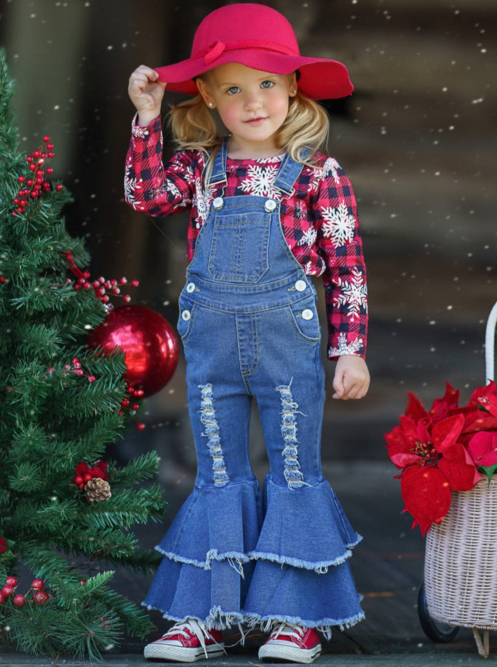 Cute Winter Denim Sets | Snowflake Plaid Flared Denim Overall Set