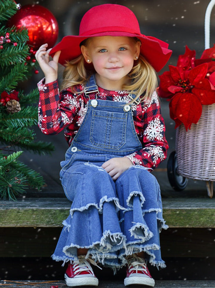 Cute Winter Denim Sets | Snowflake Plaid Flared Denim Overall Set