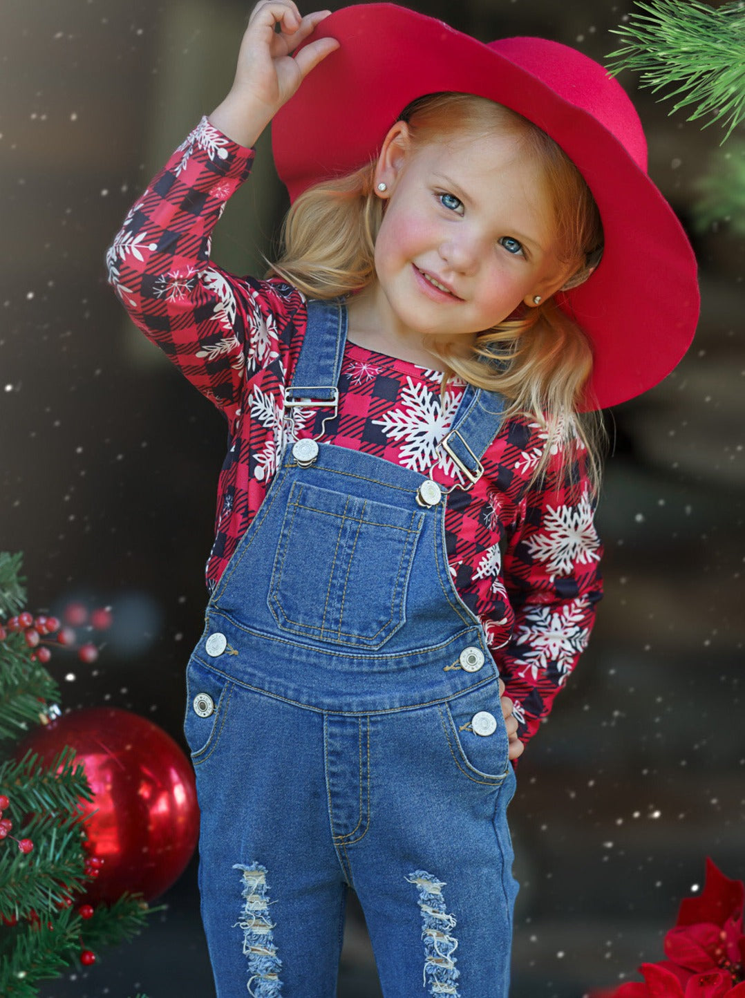 Cute Winter Denim Sets | Snowflake Plaid Flared Denim Overall Set