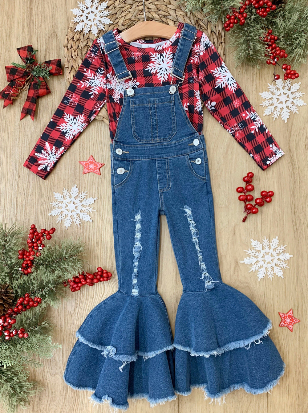 Cute Winter Denim Sets | Snowflake Plaid Flared Denim Overall Set