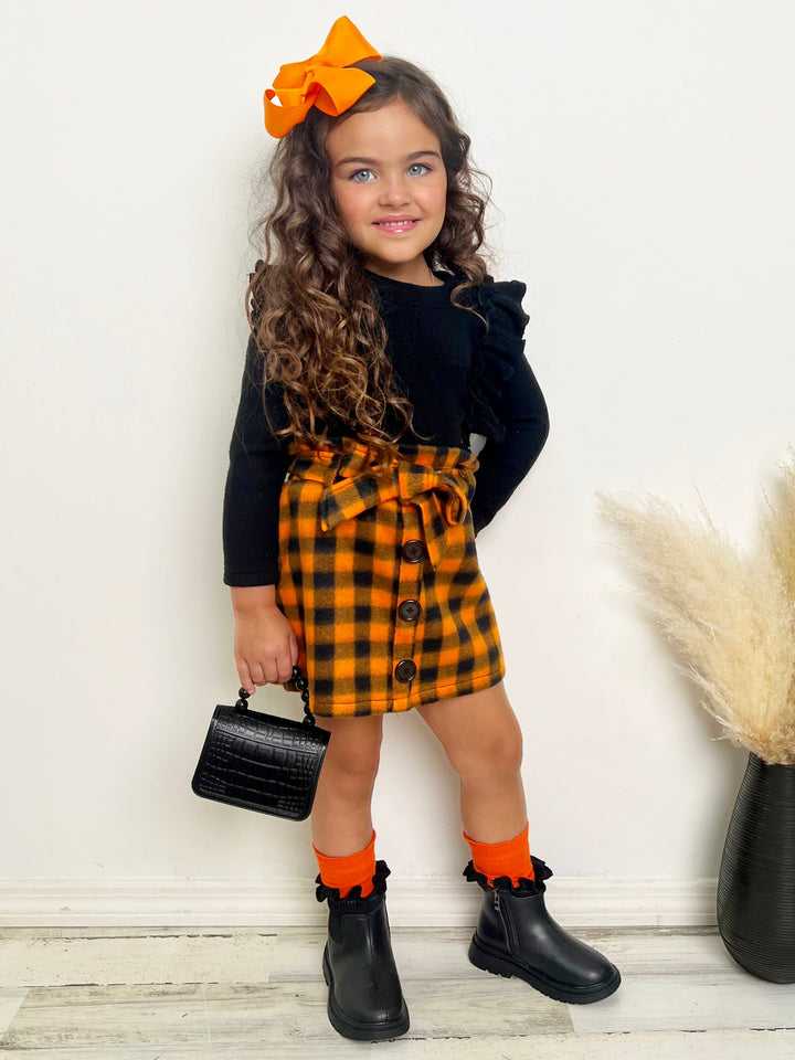 Mia Belle Girls Ruffled Top & Checkered Skirt Set | Girls Fall Outfits