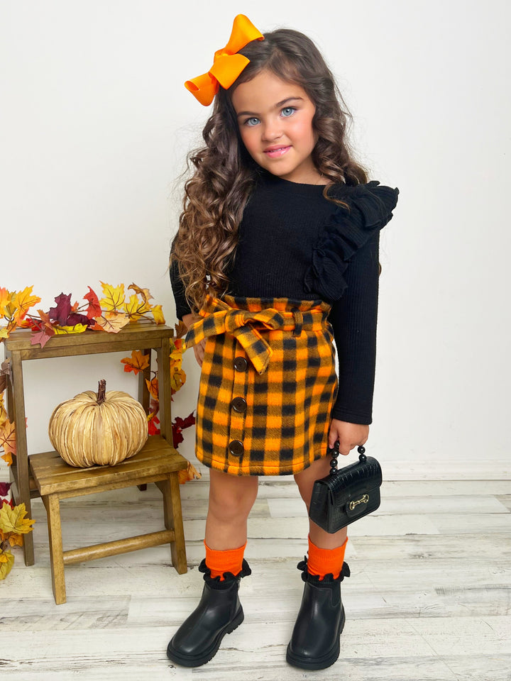 Mia Belle Girls Ruffled Top & Checkered Skirt Set | Girls Fall Outfits