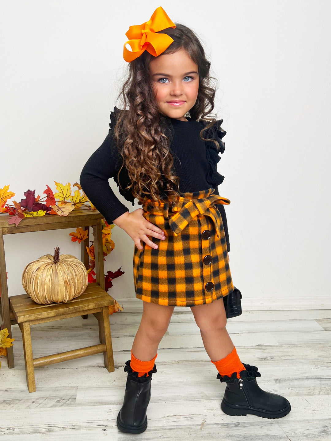 Mia Belle Girls Ruffled Top & Checkered Skirt Set | Girls Fall Outfits